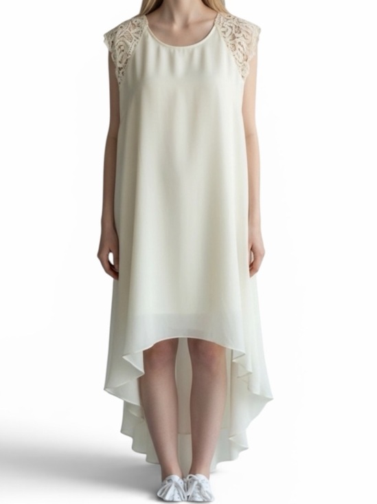 Marciano Dresses & Skirts - Marciano Ivory Textured Satin Lace Sleeve High Low Shift Dress